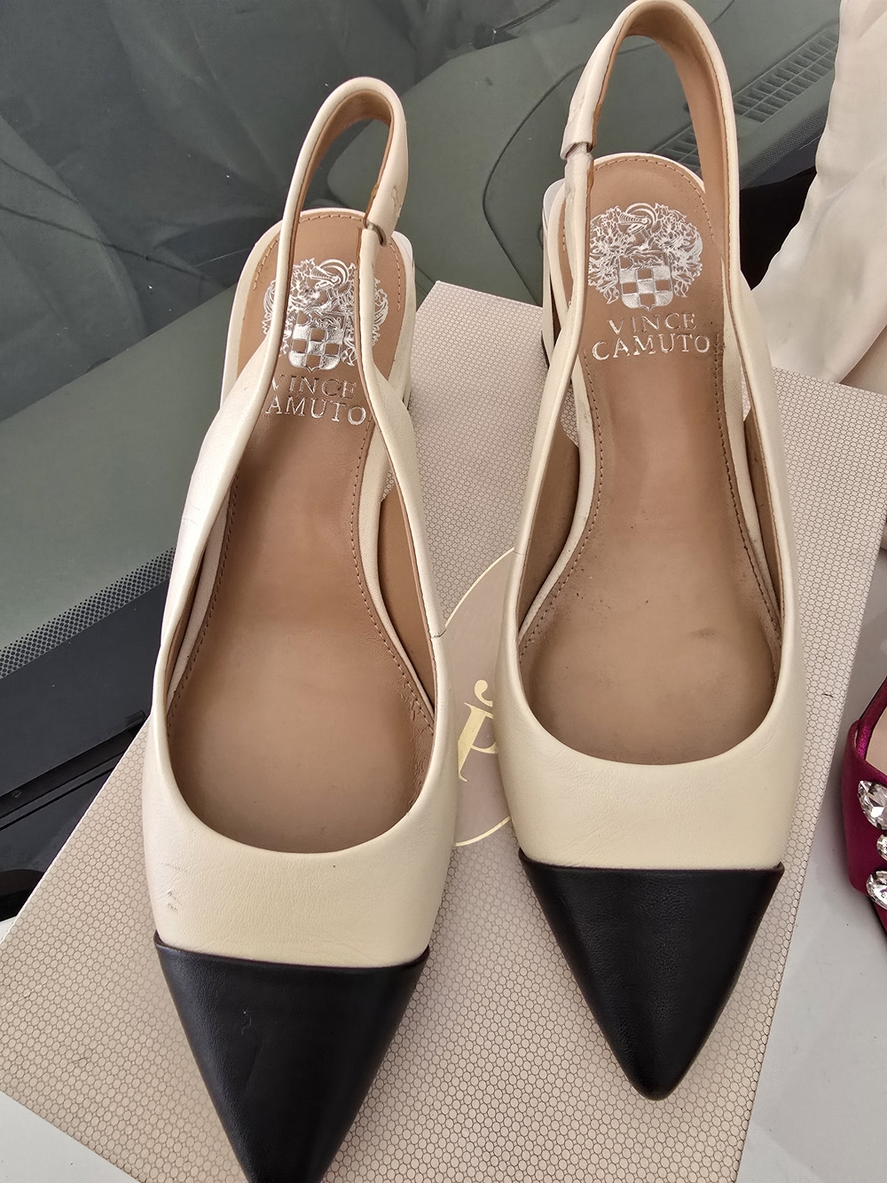 Vince Camuto Two-Tone Slingback Pointed Toe Pumps - Cream/Black